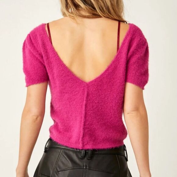 NWT Free People Keep Me Warm Crop Top Fuschia V Scoop Neck Short Sleeves M L - Picture 3 of 8